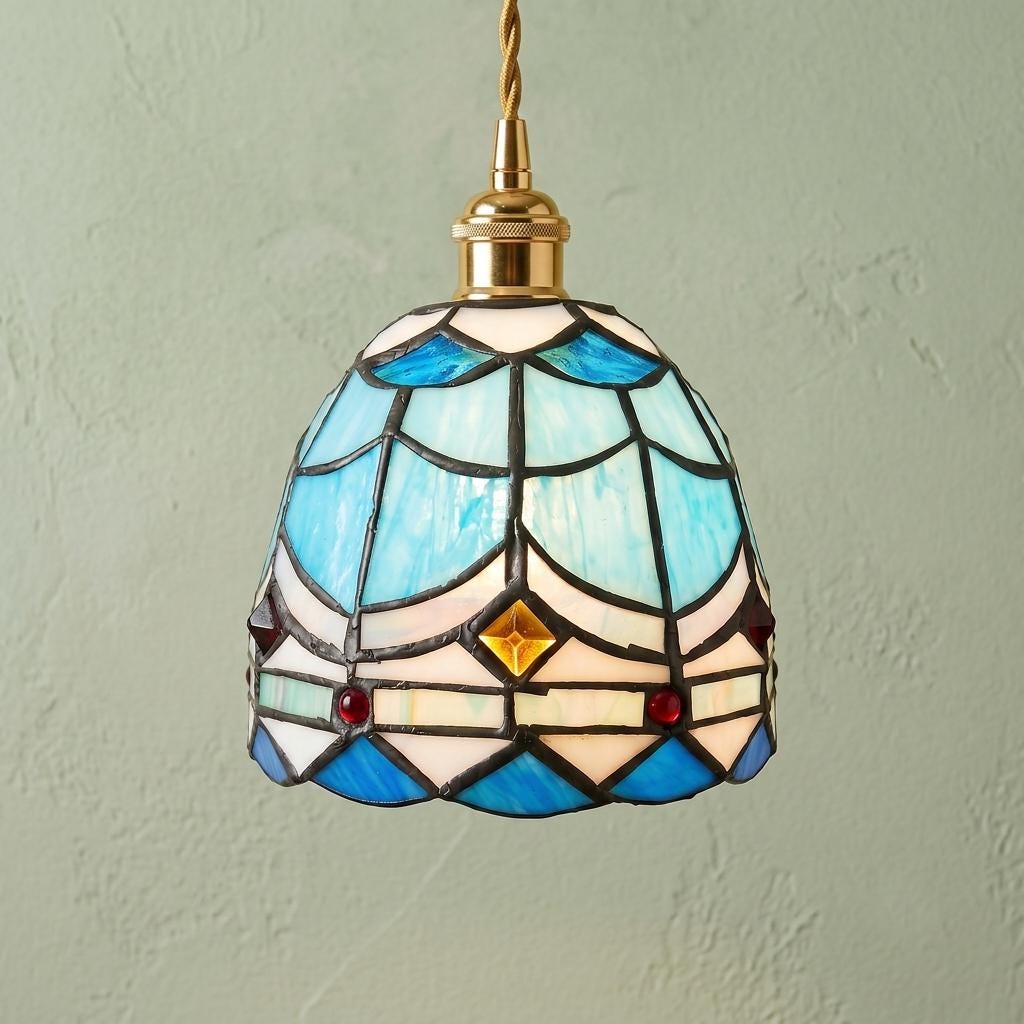Handmade Blue and White Dome Tiffany-Inspired Pendant Light with Layered Pattern Bands by AuroraeGlass