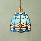 Handmade Blue and White Dome Tiffany-Inspired Pendant Light with Layered Pattern Bands by AuroraeGlass