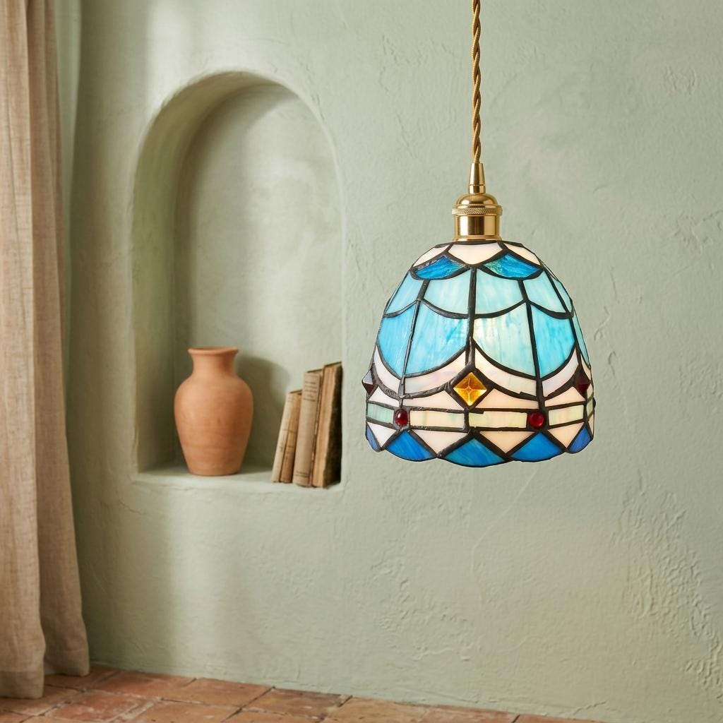 Handmade Blue and White Dome Tiffany-Inspired Pendant Light with Layered Pattern Bands - view 6
