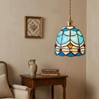 Handmade Blue and White Dome Tiffany-Inspired Pendant Light with Layered Pattern Bands - view 8