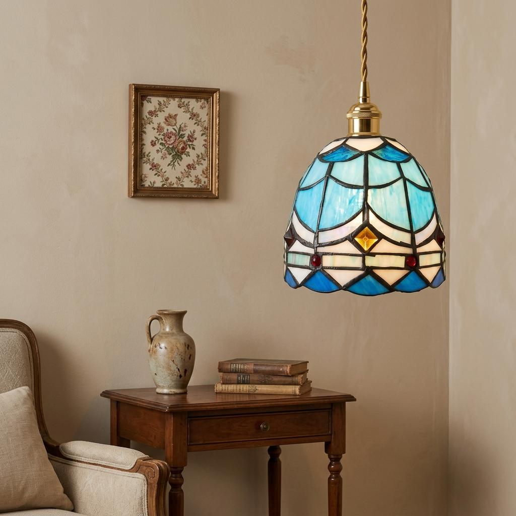 Handmade Blue and White Dome Tiffany-Inspired Pendant Light with Layered Pattern Bands - view 8