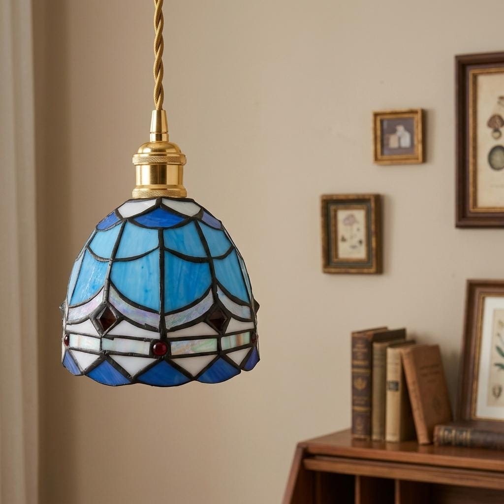 Handmade Blue and White Dome Tiffany-Inspired Pendant Light with Layered Pattern Bands - view 9