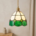 Handmade Cream and Green Faceted Bell Tiffany-Inspired Pendant Light with Scalloped Panels by AuroraeGlass