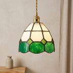Handmade Cream and Green Faceted Bell Tiffany-Inspired Pendant Light with Scalloped Panels by AuroraeGlass