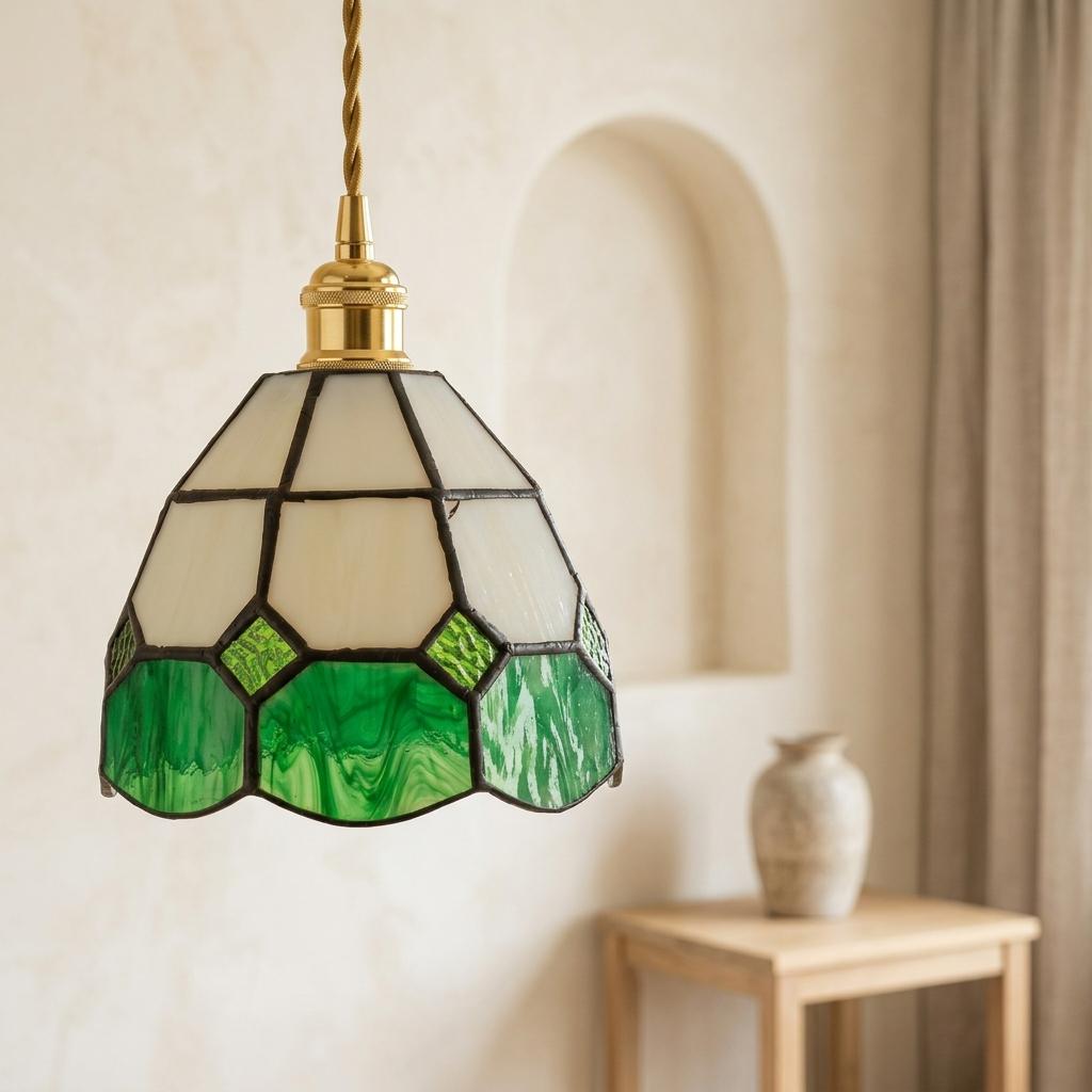 Handmade Cream and Green Faceted Bell Tiffany-Inspired Pendant Light with Scalloped Panels - view 7