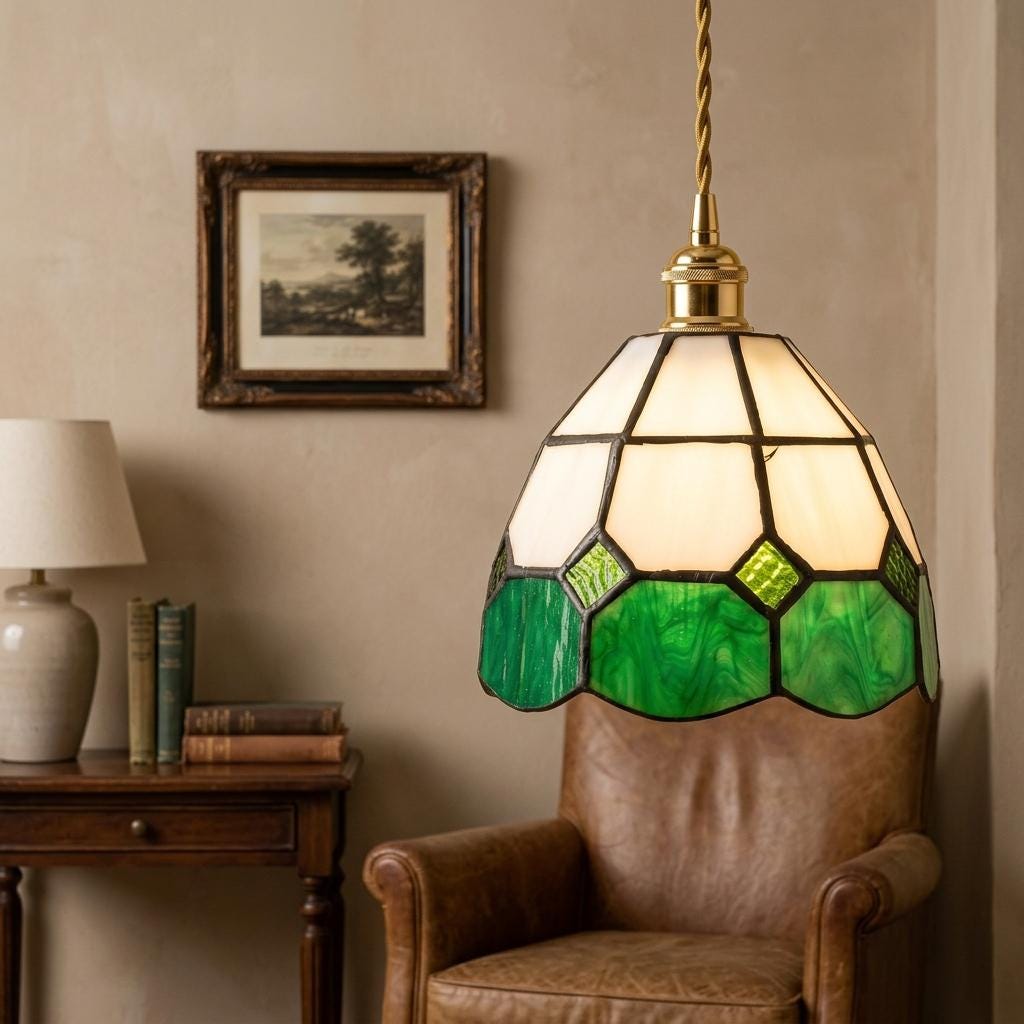 Handmade Cream and Green Faceted Bell Tiffany-Inspired Pendant Light with Scalloped Panels - view 8