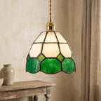 Handmade Cream and Green Faceted Bell Tiffany-Inspired Pendant Light with Scalloped Panels - view 10