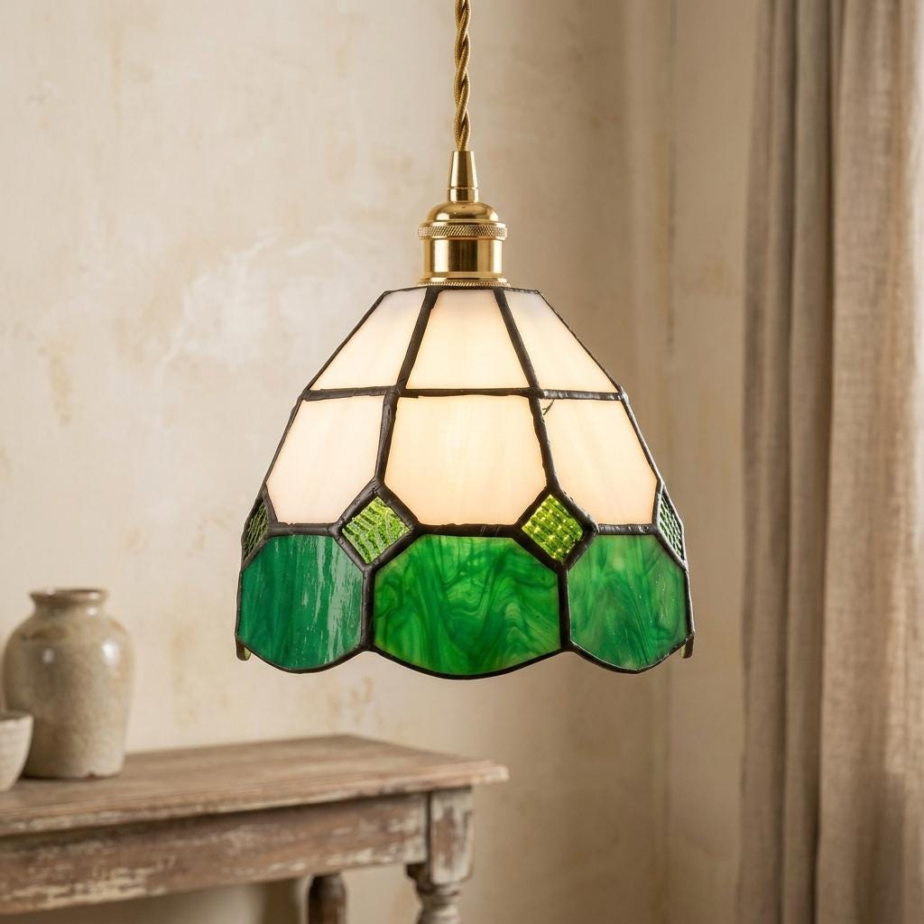 Handmade Cream and Green Faceted Bell Tiffany-Inspired Pendant Light with Scalloped Panels - view 10