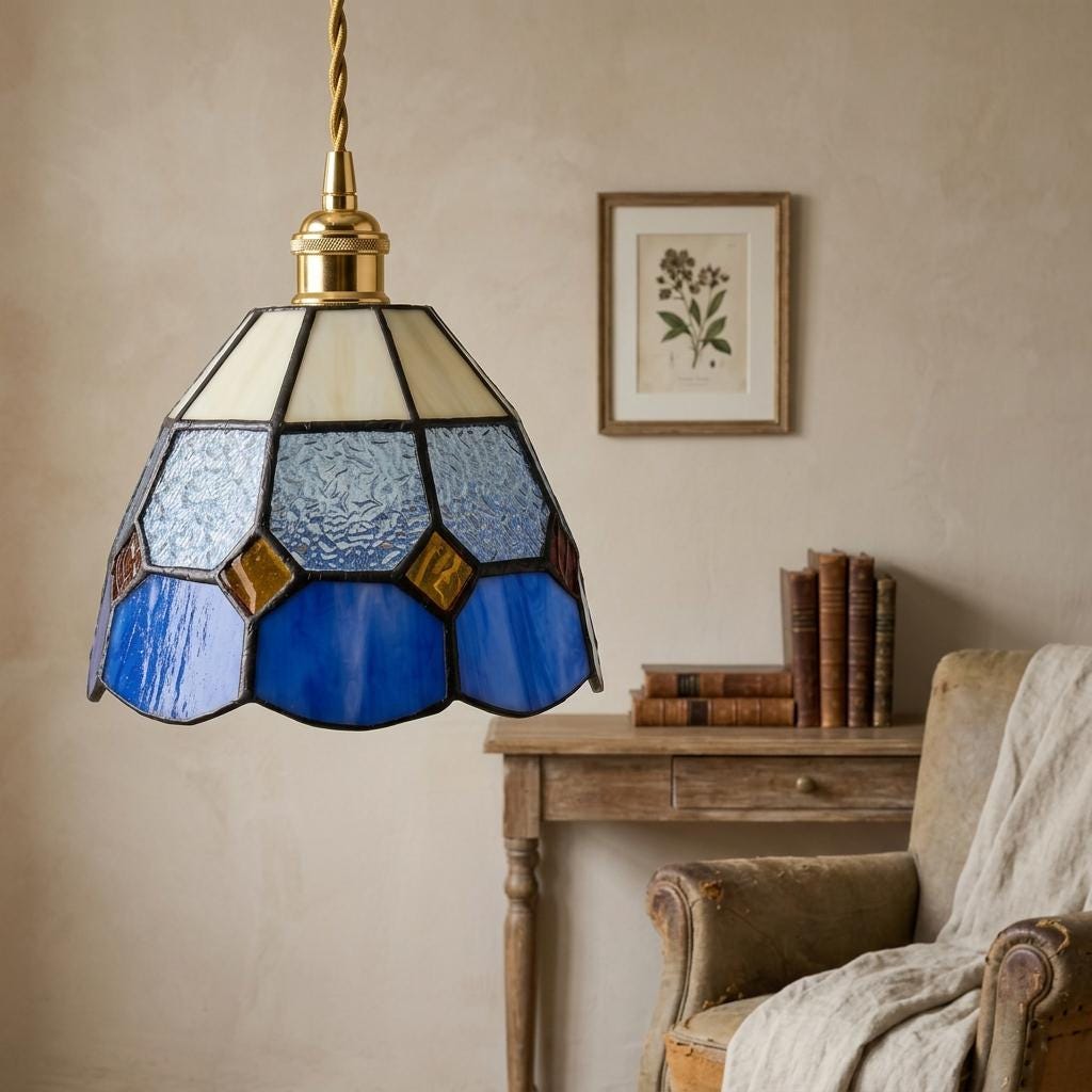 Handmade Cream and Blue Faceted Bell Tiffany-Inspired Pendant Light with Amber-tone Diamond Details - view 8
