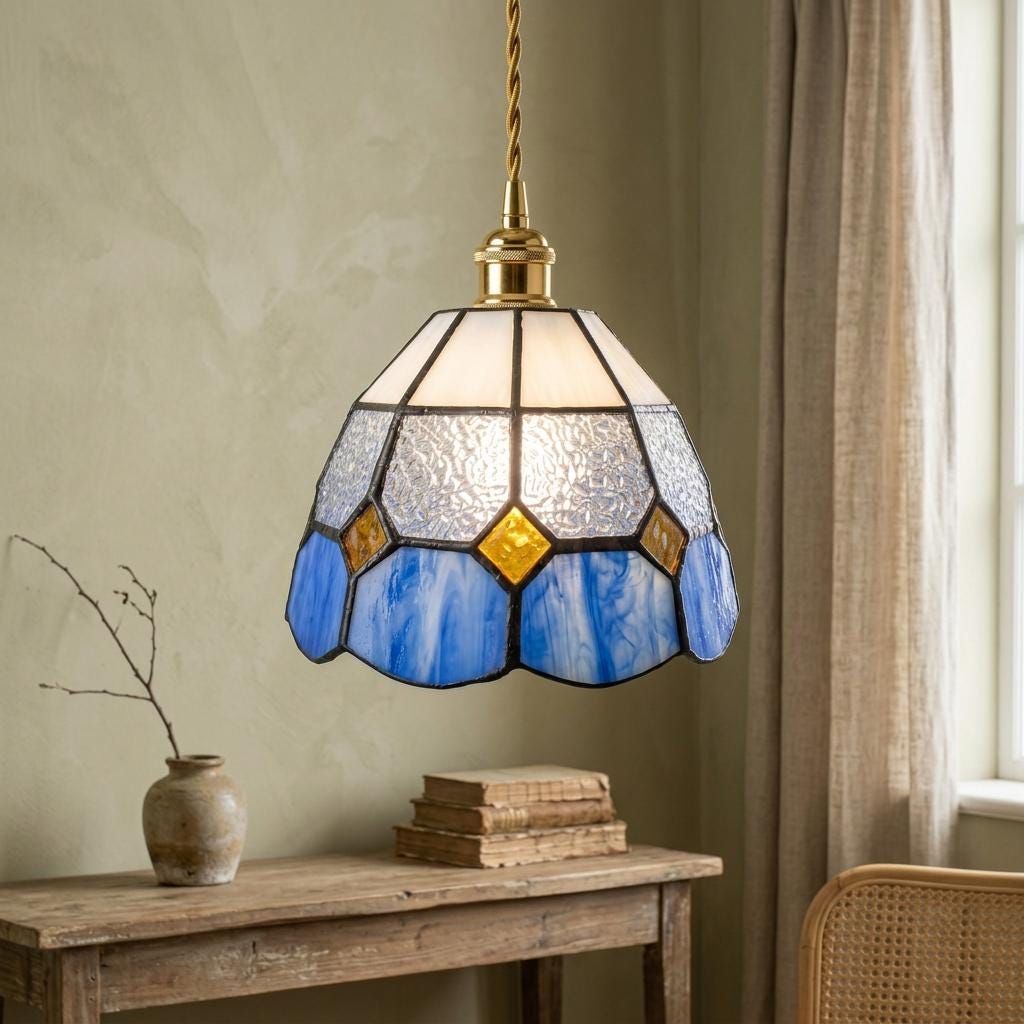 Handmade Cream and Blue Faceted Bell Tiffany-Inspired Pendant Light with Amber-tone Diamond Details - view 9