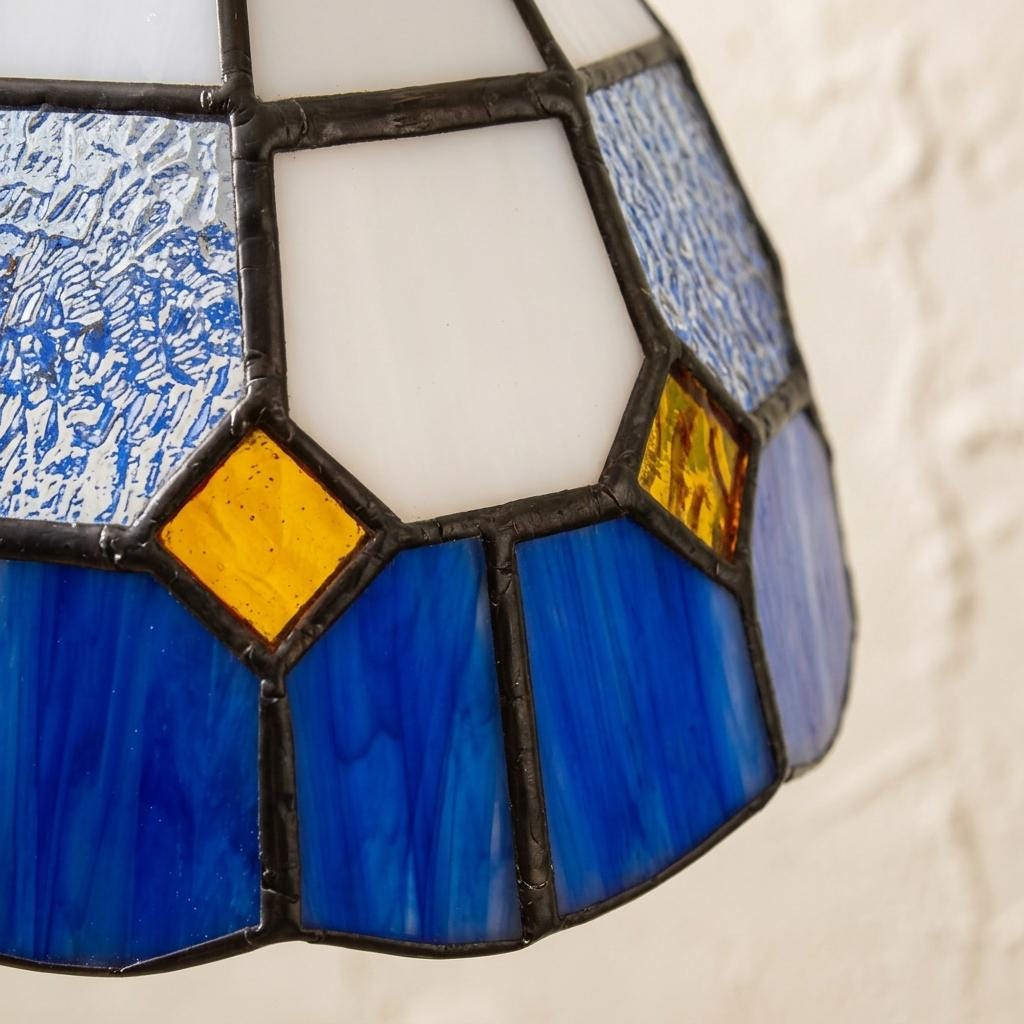 Handmade Cream and Blue Faceted Bell Tiffany-Inspired Pendant Light with Amber-tone Diamond Details - view 2