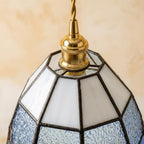 Handmade Cream and Blue Faceted Bell Tiffany-Inspired Pendant Light with Amber-tone Diamond Details - view 4