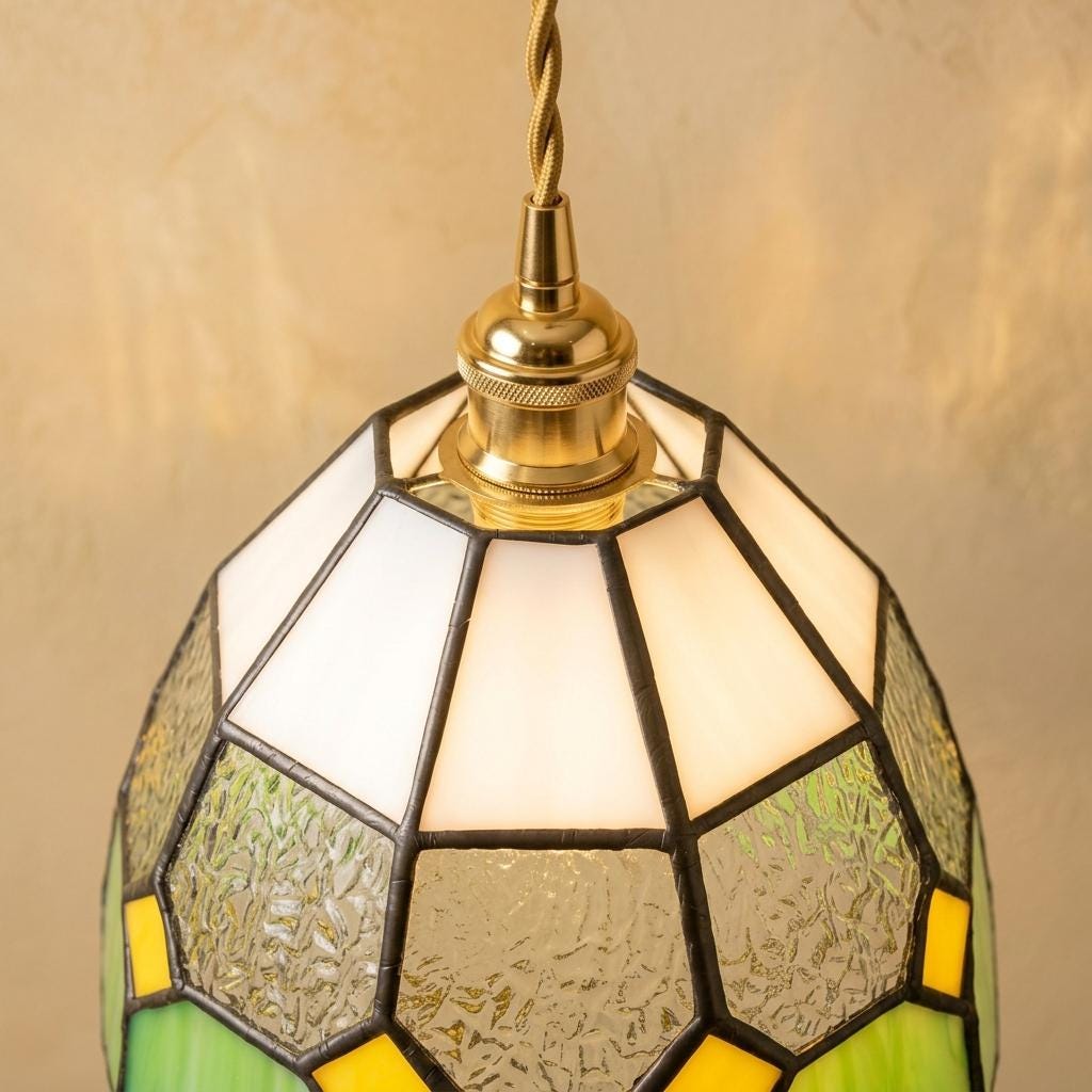 Handmade Cream and Green Tiffany-Inspired Pendant Light with Yellow Diamond Motifs - view 4