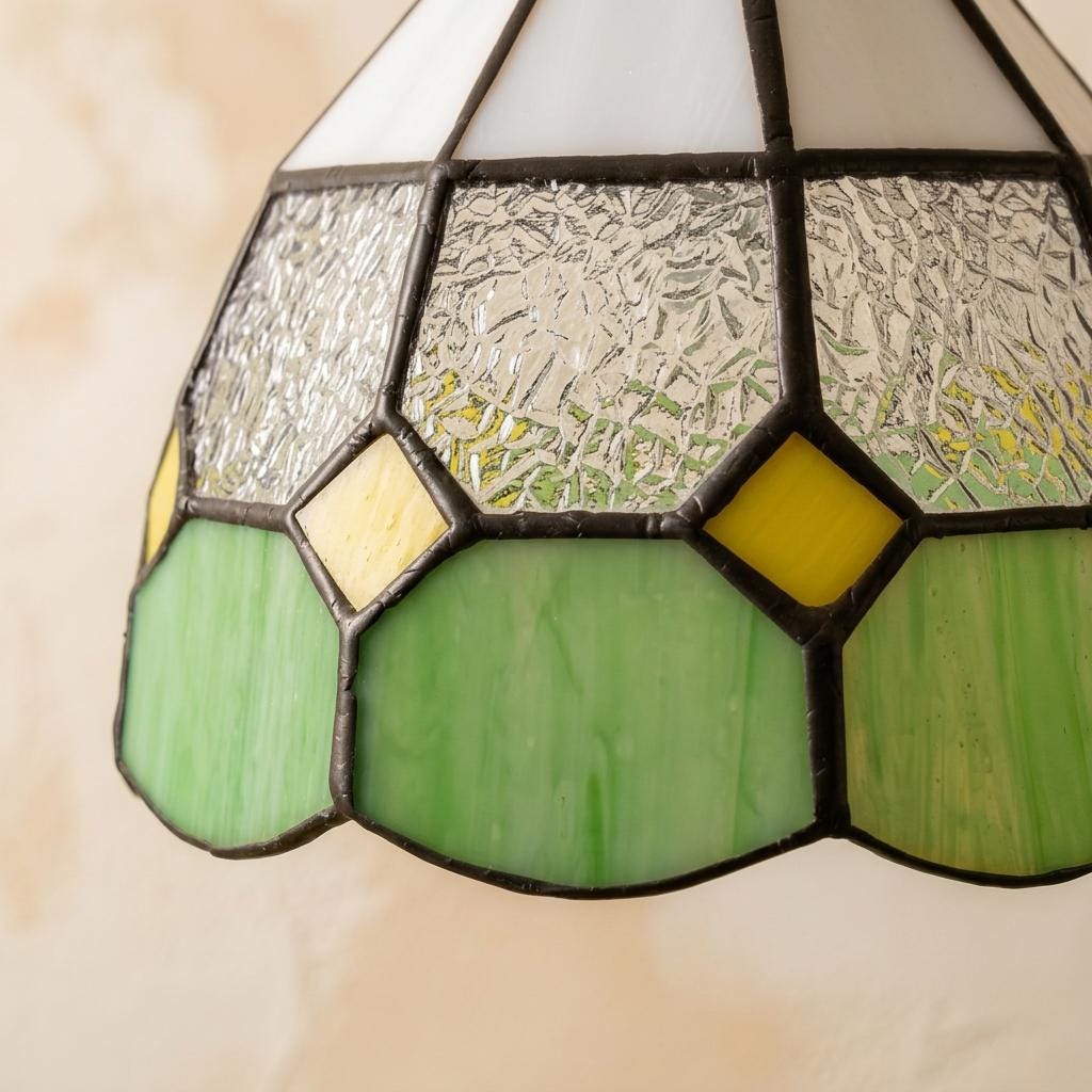 Handmade Cream and Green Tiffany-Inspired Pendant Light with Yellow Diamond Motifs - view 3