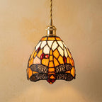 Handmade Dragonfly-Inspired Tiffany-Inspired Pendant Light with Amber-tone Leaves and Scalloped Edge by AuroraeGlass