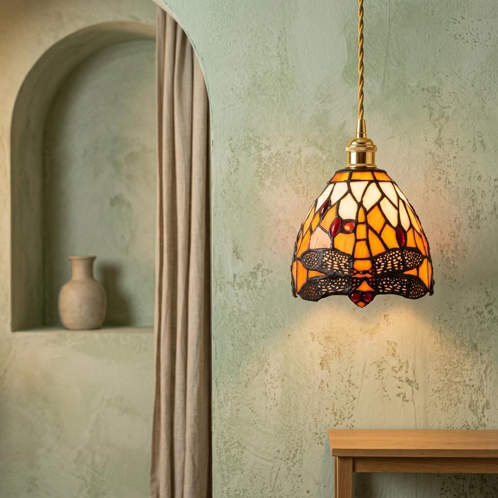 Handmade Dragonfly-Inspired Tiffany-Inspired Pendant Light with Amber-tone Leaves and Scalloped Edge - view 5