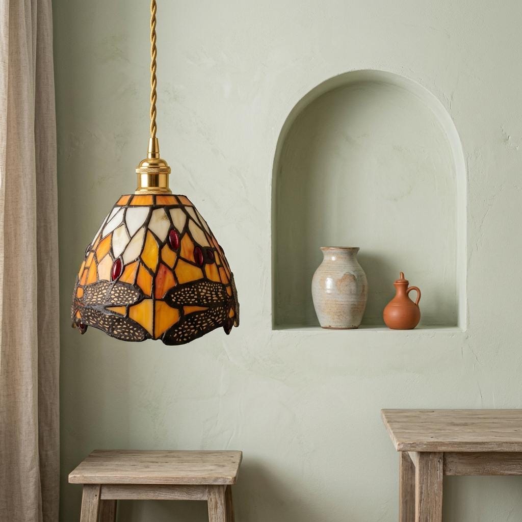 Handmade Dragonfly-Inspired Tiffany-Inspired Pendant Light with Amber-tone Leaves and Scalloped Edge - view 6