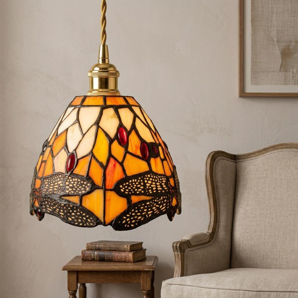 Handmade Dragonfly-Inspired Tiffany-Inspired Pendant Light with Amber-tone Leaves and Scalloped Edge - view 8