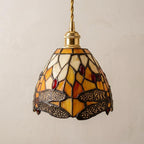 Handmade Dragonfly-Inspired Tiffany-Inspired Pendant Light with Amber-tone Leaves and Scalloped Edge - view 4