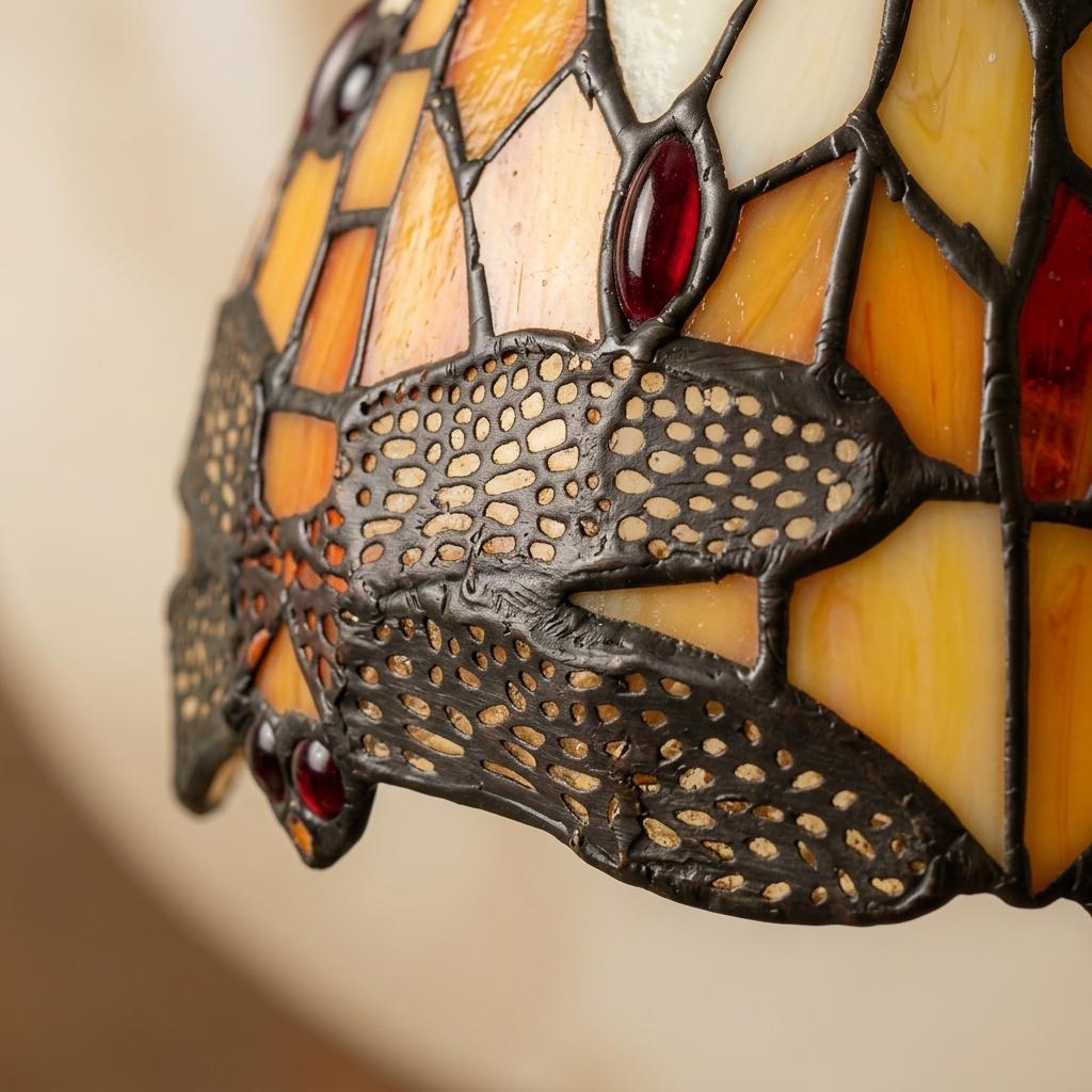 Handmade Dragonfly-Inspired Tiffany-Inspired Pendant Light with Amber-tone Leaves and Scalloped Edge - view 2
