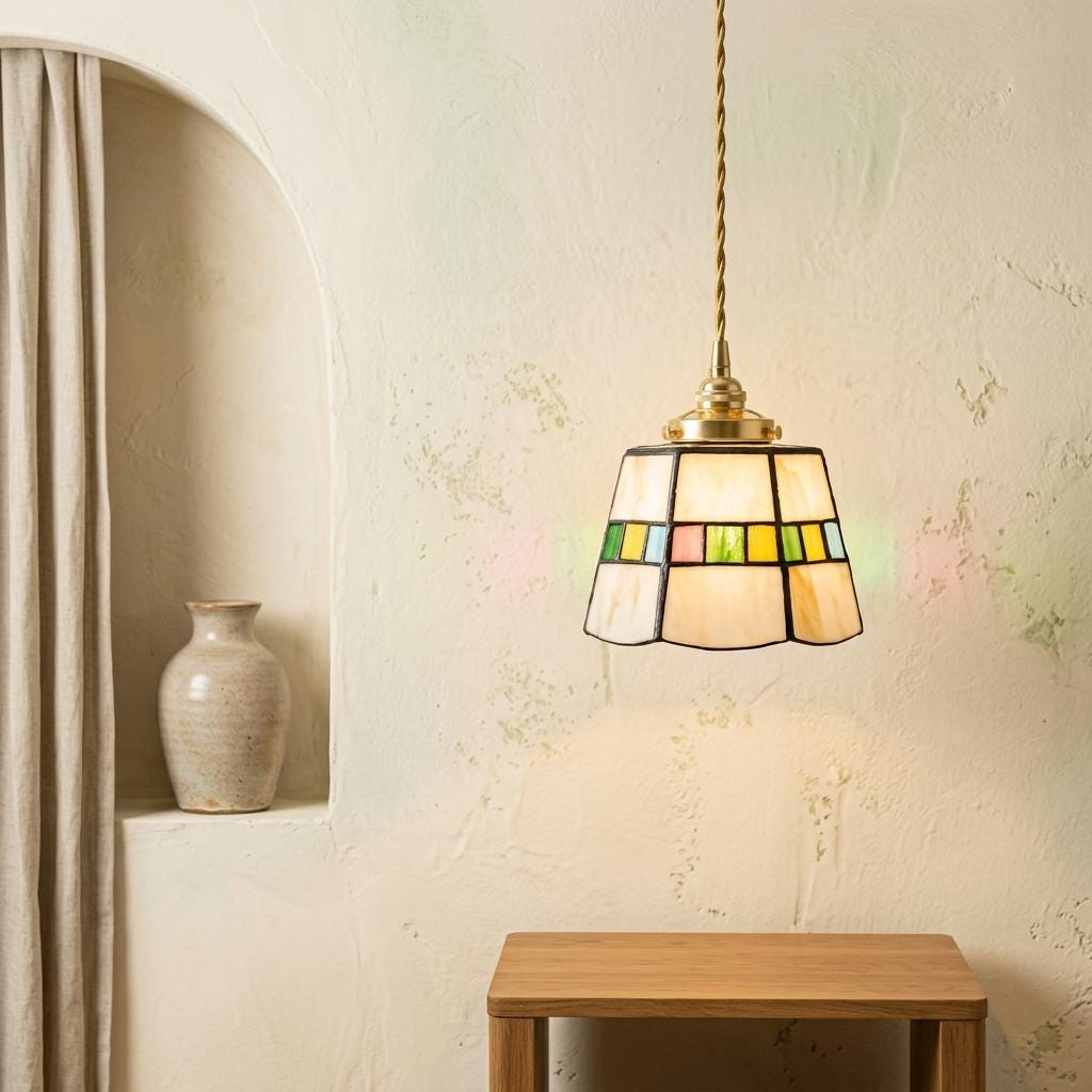 Handmade Cream Tiffany-Inspired Pendant Light with Slim Multicolor Square Band - view 6