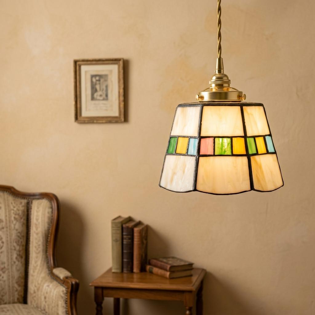 Handmade Cream Tiffany-Inspired Pendant Light with Slim Multicolor Square Band - view 8