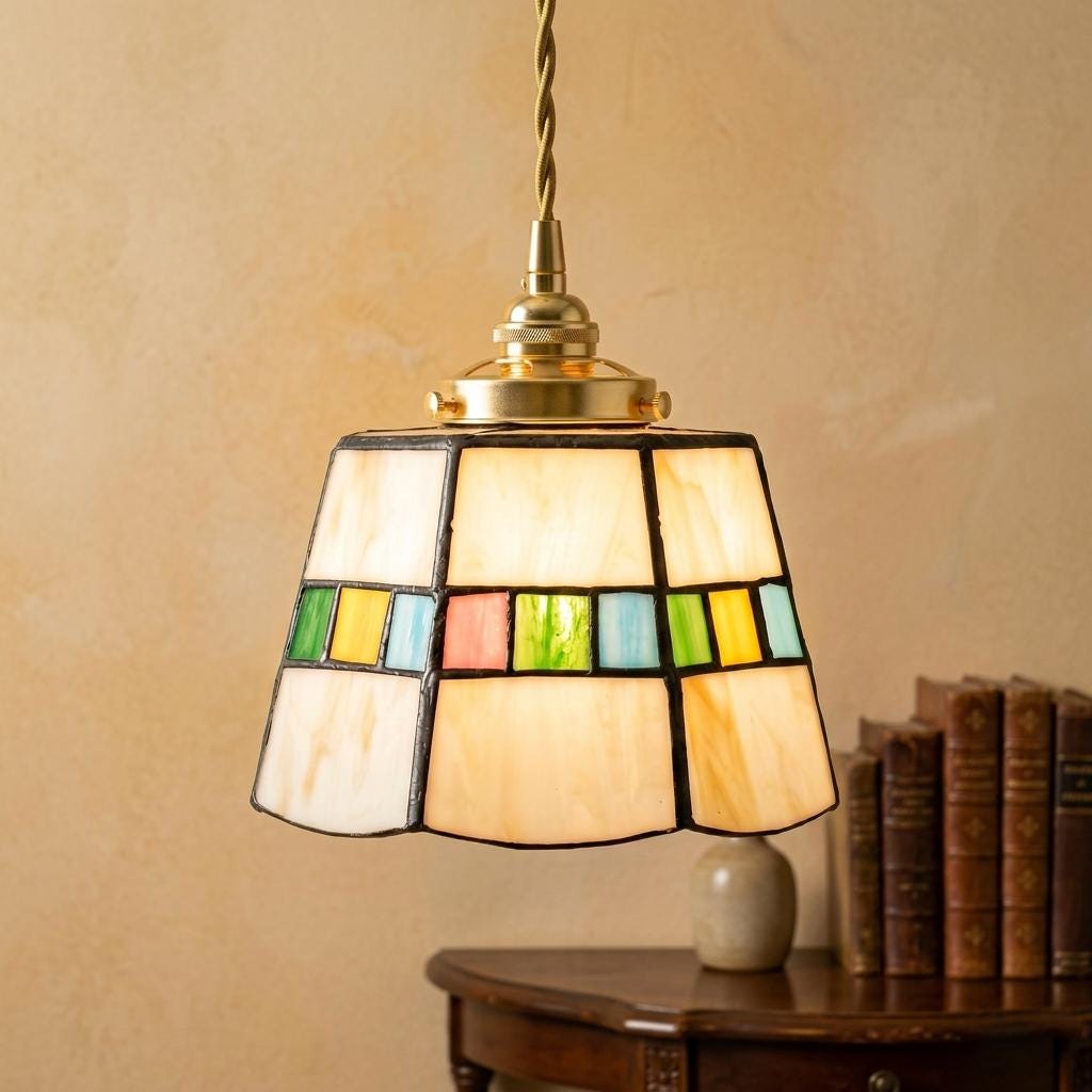 Handmade Cream Tiffany-Inspired Pendant Light with Slim Multicolor Square Band - view 10