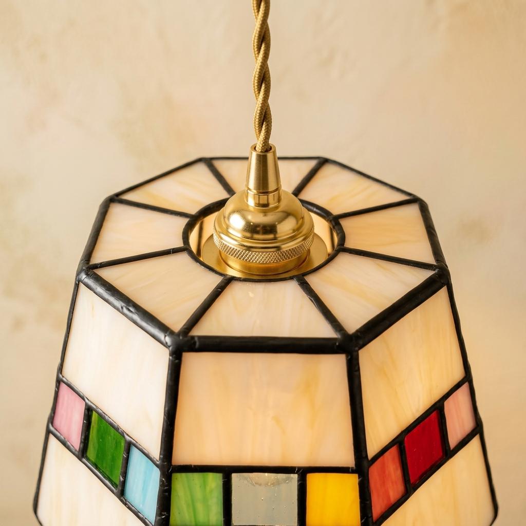 Handmade Cream Tiffany-Inspired Pendant Light with Slim Multicolor Square Band - view 4