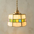 Handmade Cream Tiffany-Inspired Pendant Light with Multicolor Band and Gold-Tone Trim by AuroraeGlass