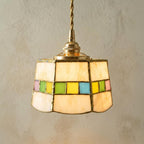 Handmade Cream Tiffany-Inspired Pendant Light with Multicolor Band and Gold-Tone Trim by AuroraeGlass