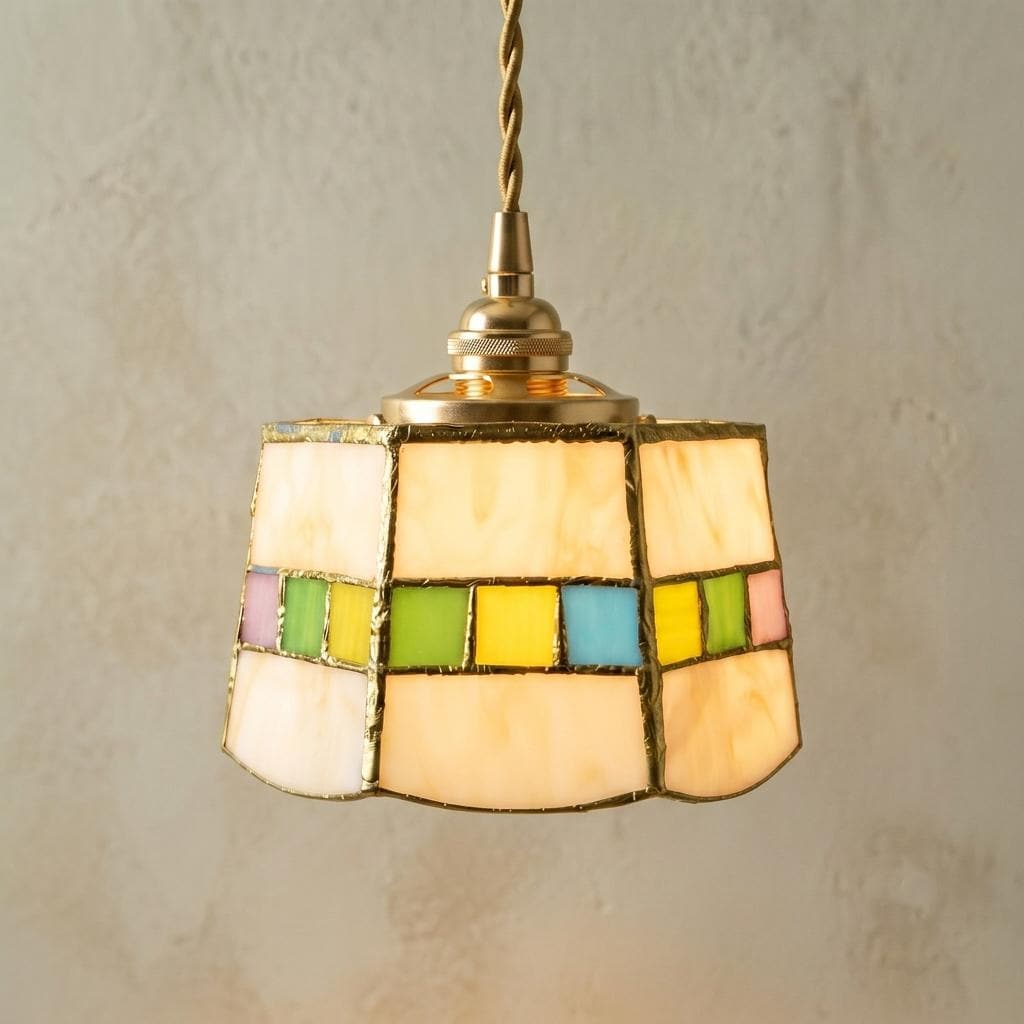 Handmade Cream Tiffany-Inspired Pendant Light with Multicolor Band and Gold-Tone Trim by AuroraeGlass