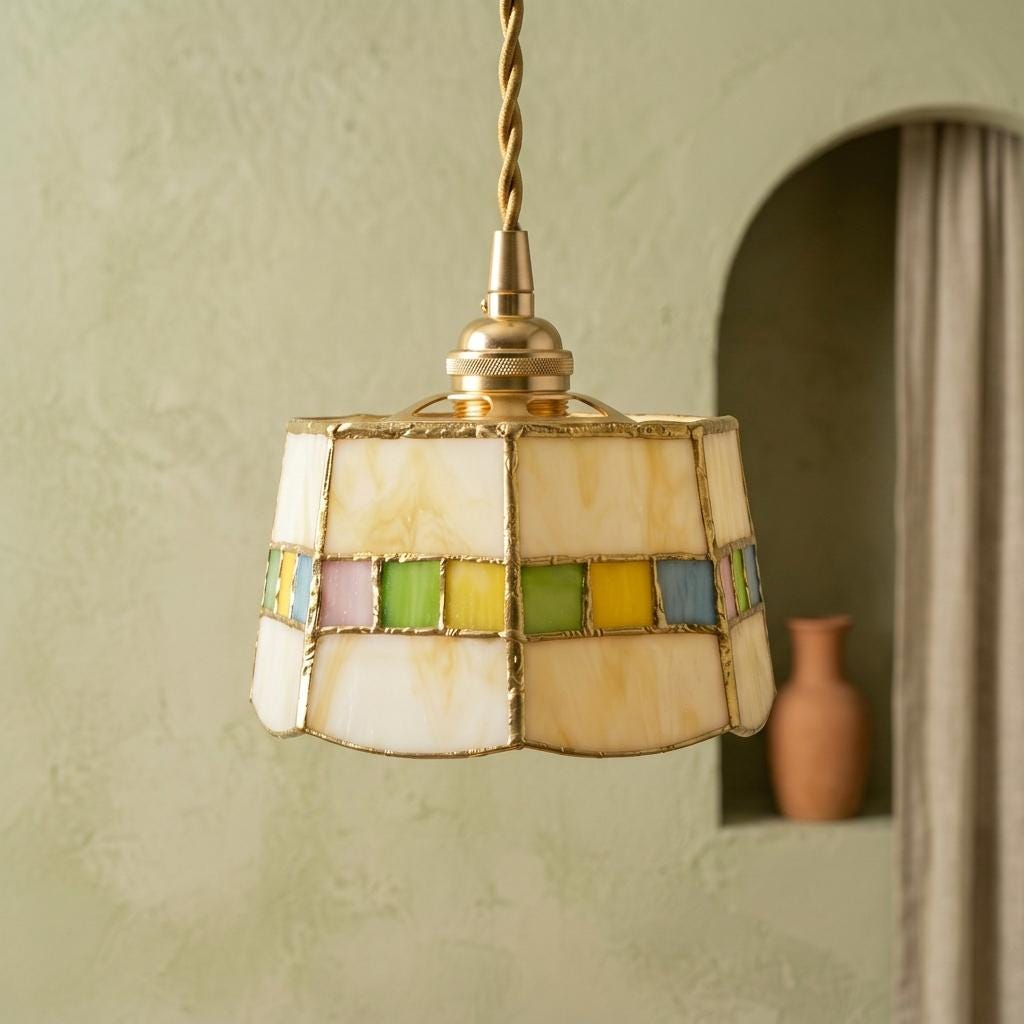 Handmade Cream Tiffany-Inspired Pendant Light with Multicolor Band and Gold-Tone Trim - view 7