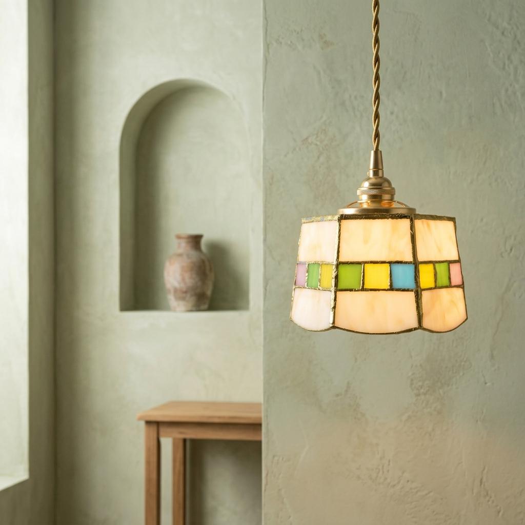 Handmade Cream Tiffany-Inspired Pendant Light with Multicolor Band and Gold-Tone Trim - view 6