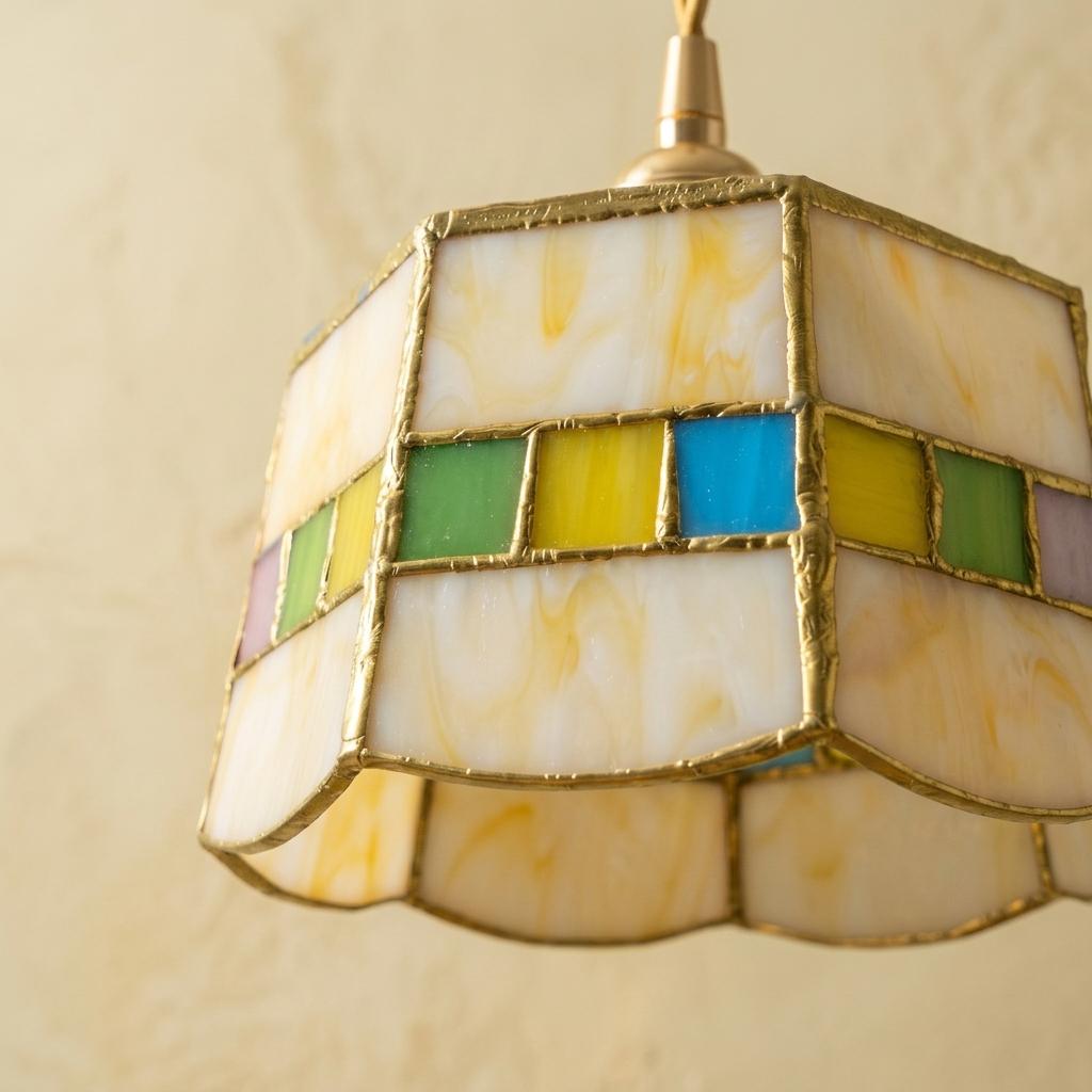 Handmade Cream Tiffany-Inspired Pendant Light with Multicolor Band and Gold-Tone Trim - view 3