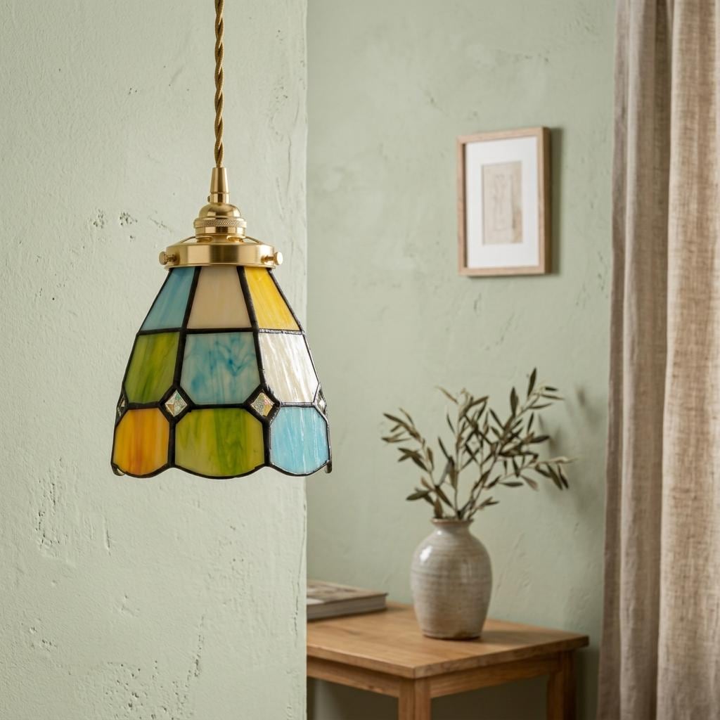 Handmade Multicolor Grid Tiffany-Inspired Pendant Light with Blue, Green, and Amber-tone Panels - view 5