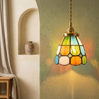 Handmade Multicolor Grid Tiffany-Inspired Pendant Light with Blue, Green, and Amber-tone Panels - view 4