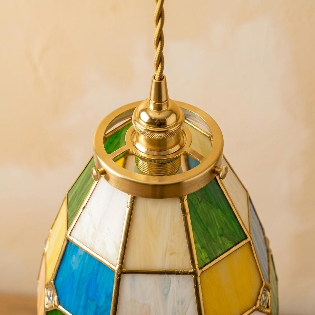 Handmade Multicolor Grid Tiffany-Inspired Pendant Light with Blue, Green, and Amber-tone Panels - view 3