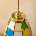Handmade Multicolor Grid Tiffany-Inspired Pendant Light with Blue, Green, and Amber-tone Panels - view 3