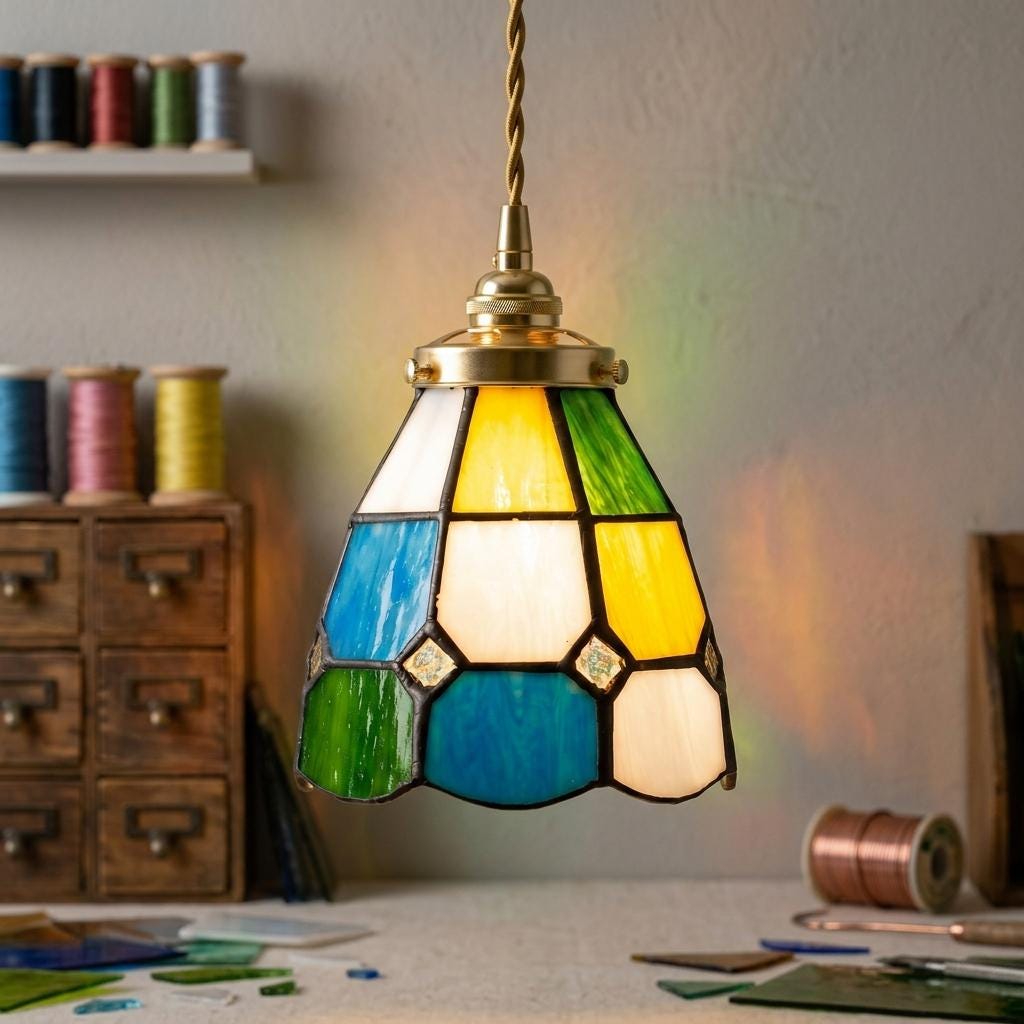Handmade Multicolor Grid Tiffany-Inspired Pendant Light with Blue, Green, and Amber-tone Panels - view 8