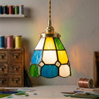 Handmade Multicolor Grid Tiffany-Inspired Pendant Light with Blue, Green, and Amber-tone Panels - view 8