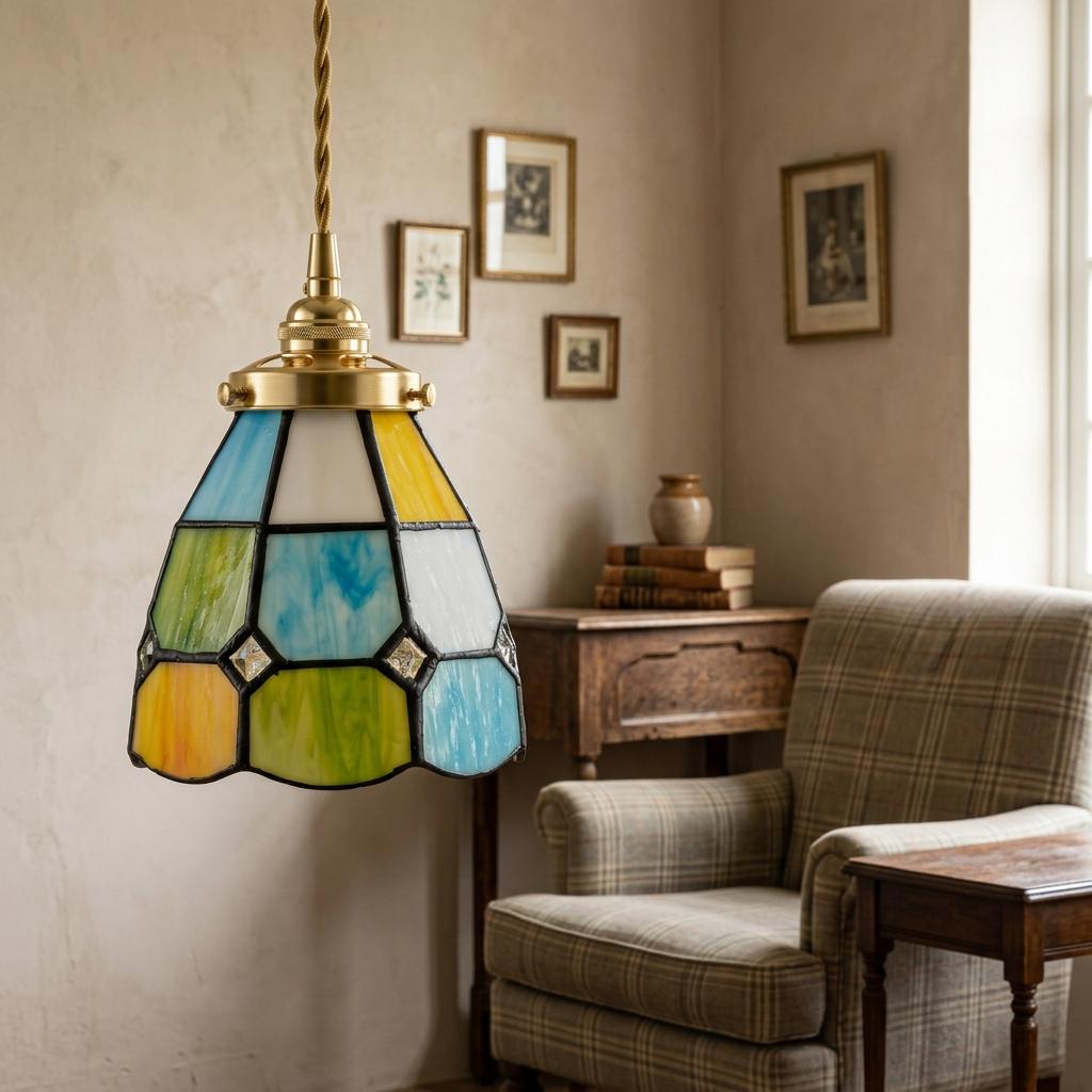 Handmade Multicolor Grid Tiffany-Inspired Pendant Light with Blue, Green, and Amber-tone Panels - view 7
