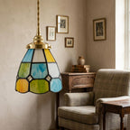 Handmade Multicolor Grid Tiffany-Inspired Pendant Light with Blue, Green, and Amber-tone Panels - view 7