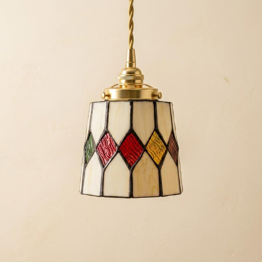 Handmade Cream Tiffany-Inspired Pendant Light with Red, Amber-tone, and Green Diamond Motifs - view 5