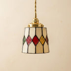 Handmade Cream Tiffany-Inspired Pendant Light with Red, Amber-tone, and Green Diamond Motifs - view 5