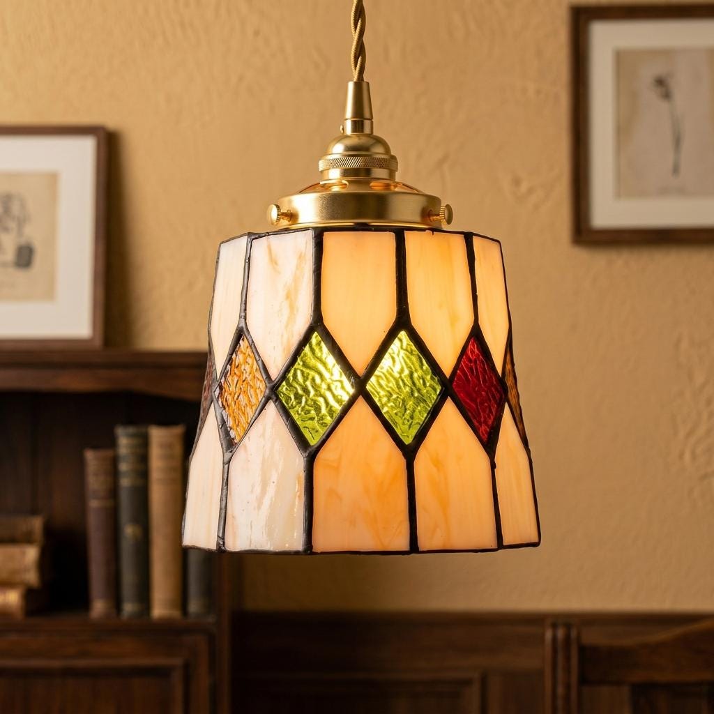 Handmade Cream Tiffany-Inspired Pendant Light with Red, Amber-tone, and Green Diamond Motifs - view 10