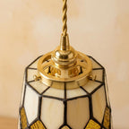 Handmade Cream Tiffany-Inspired Pendant Light with Red, Amber-tone, and Green Diamond Motifs - view 4