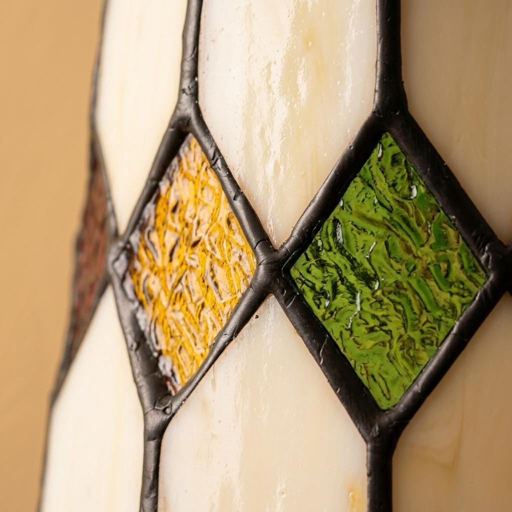 Handmade Cream Tiffany-Inspired Pendant Light with Red, Amber-tone, and Green Diamond Motifs - view 2