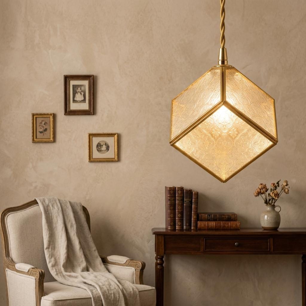 Handmade Faceted Cube Pendant Light with Clear Panels and Gold-Tone Frame - view 5