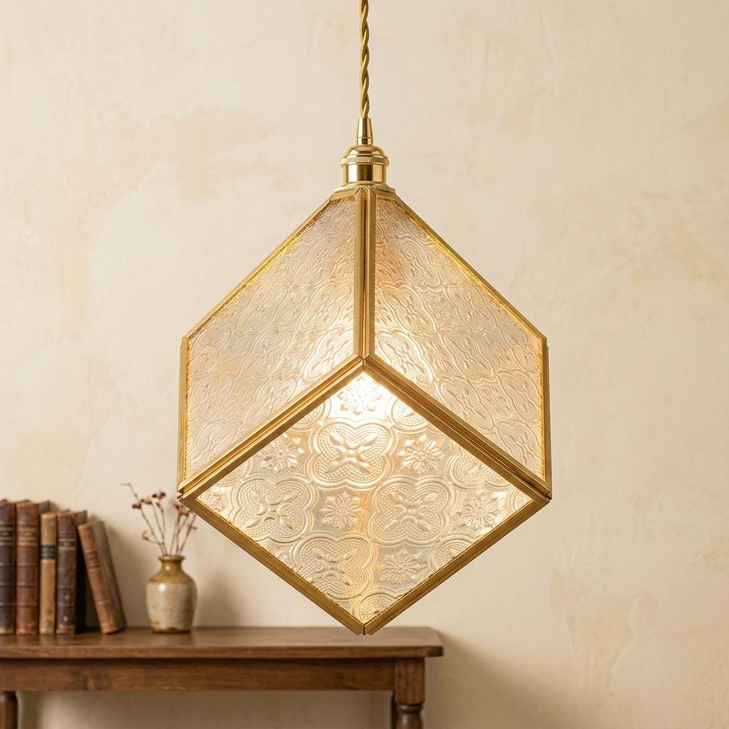 Handmade Faceted Cube Pendant Light with Clear Panels and Gold-Tone Frame - view 7