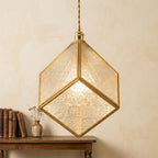 Handmade Faceted Cube Pendant Light with Clear Panels and Gold-Tone Frame - view 7